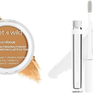 wet n wild Bare Focus Clarifying Finishing Powder Matte Pressed Setting Powder Medium-Tan and Mega Slicks Lip Gloss Long Lasting Hyaluronic Acid High Shine Crystal Clear