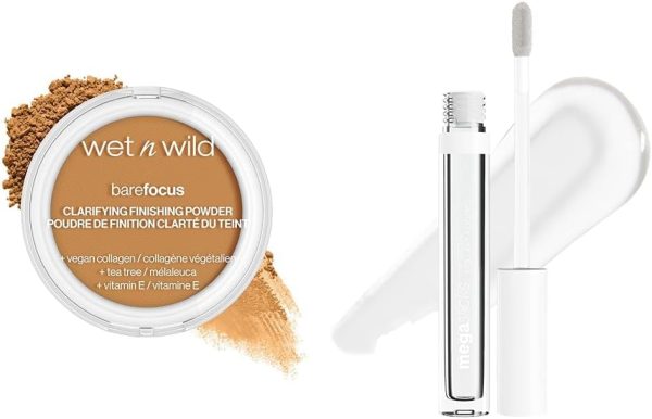 wet n wild Bare Focus Clarifying Finishing Powder Matte Pressed Setting Powder Medium-Tan and Mega Slicks Lip Gloss Long Lasting Hyaluronic Acid High Shine Crystal Clear
